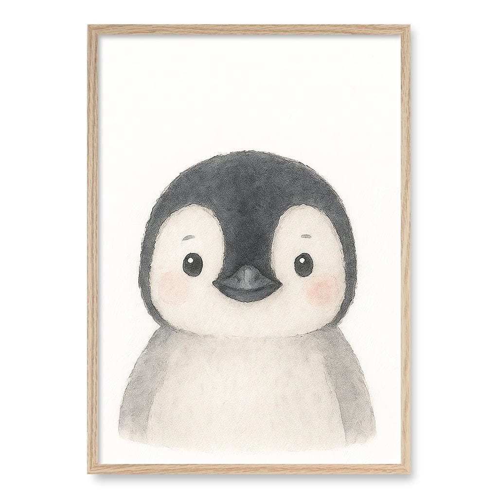 Animal Friends Penguin Children's Wall Art Print A1 (59.4 x 84.1cm) / Natural Oak Frame / White Border from our Australian Made Framed Wall Art, Prints & Posters collection by Profile Products (Australia) Pty Ltd