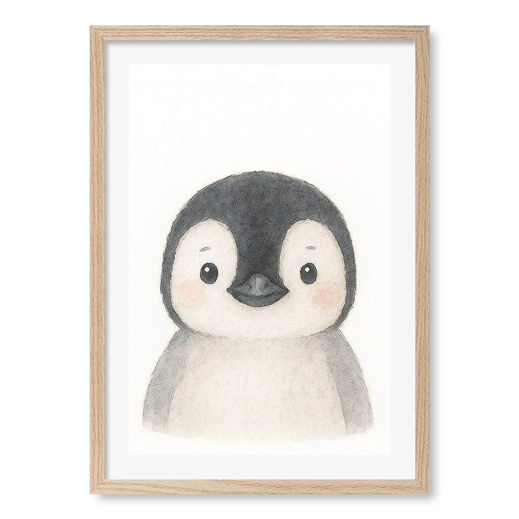 Animal Friends Penguin Children's Wall Art Print A2 (42 x 59.4cm) / Natural Oak Frame / White Border from our Australian Made Framed Wall Art, Prints & Posters collection by Profile Products (Australia) Pty Ltd