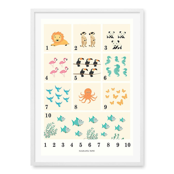 Animals by Numbers Kids Educational Wall Art Print A1 (59.4 x 84.1cm) / Matte White Frame / White Border from our Australian Made Framed Wall Art, Prints & Posters collection by Profile Products (Australia) Pty Ltd