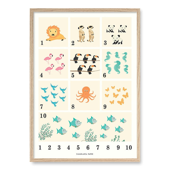 Animals by Numbers Kids Educational Wall Art Print A1 (59.4 x 84.1cm) / Natural Oak Frame / No Border from our Australian Made Framed Wall Art, Prints & Posters collection by Profile Products (Australia) Pty Ltd