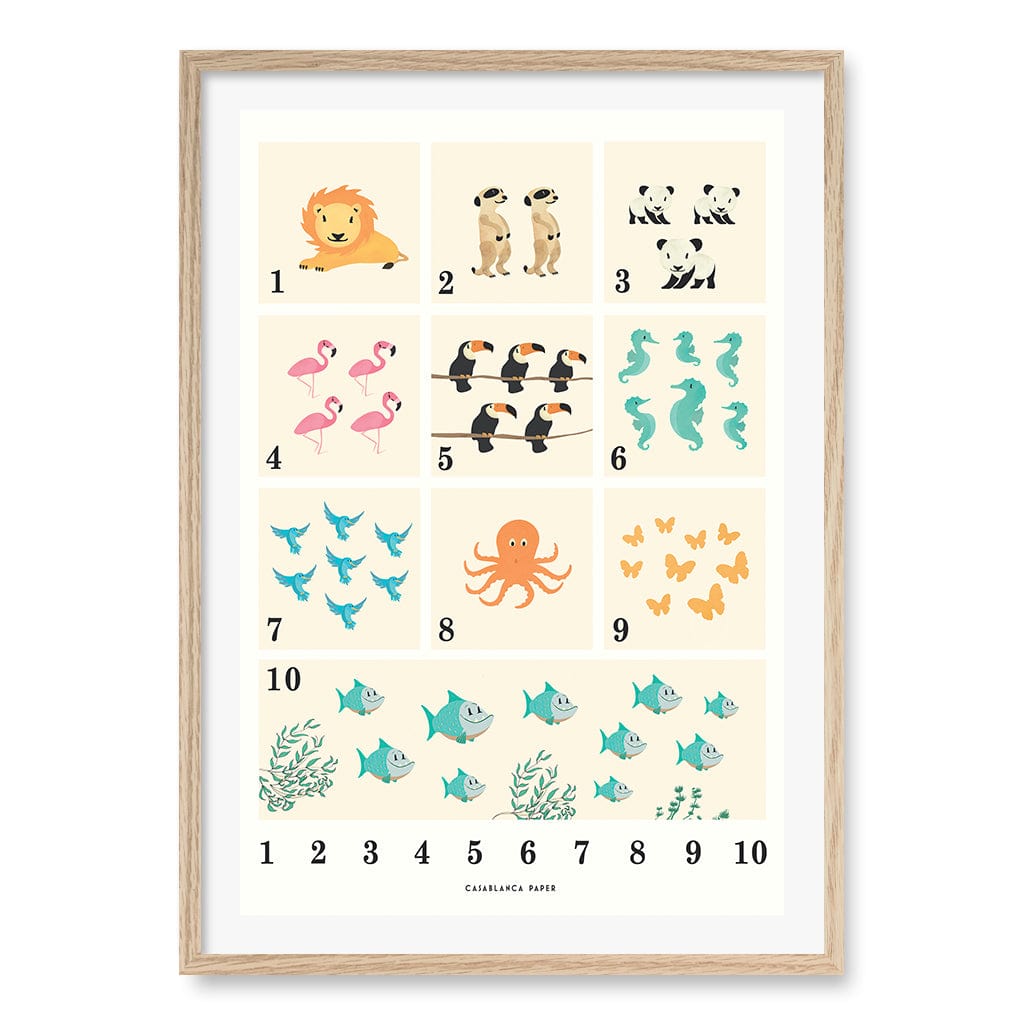 Animals by Numbers Kids Educational Wall Art Print A1 (59.4 x 84.1cm) / Natural Oak Frame / White Border from our Australian Made Framed Wall Art, Prints & Posters collection by Profile Products (Australia) Pty Ltd