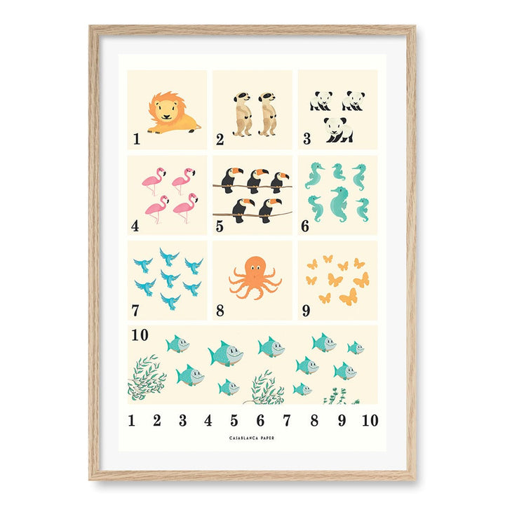 Animals by Numbers Kids Educational Wall Art Print A1 (59.4 x 84.1cm) / Natural Oak Frame / White Border from our Australian Made Framed Wall Art, Prints & Posters collection by Profile Products (Australia) Pty Ltd