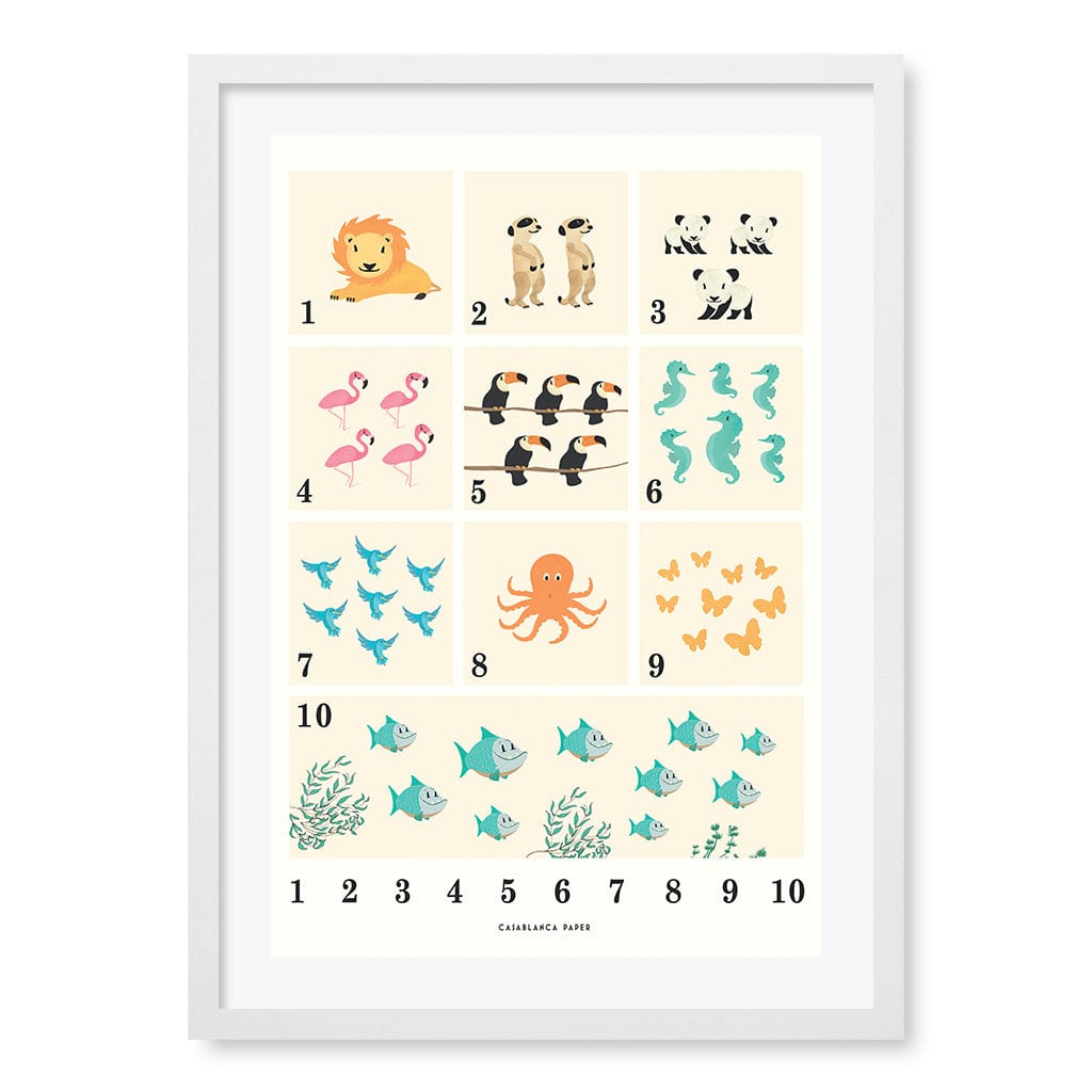 Animals by Numbers Kids Educational Wall Art Print A2 (42 x 59.4cm) / Matte White Frame / White Border from our Australian Made Framed Wall Art, Prints & Posters collection by Profile Products (Australia) Pty Ltd
