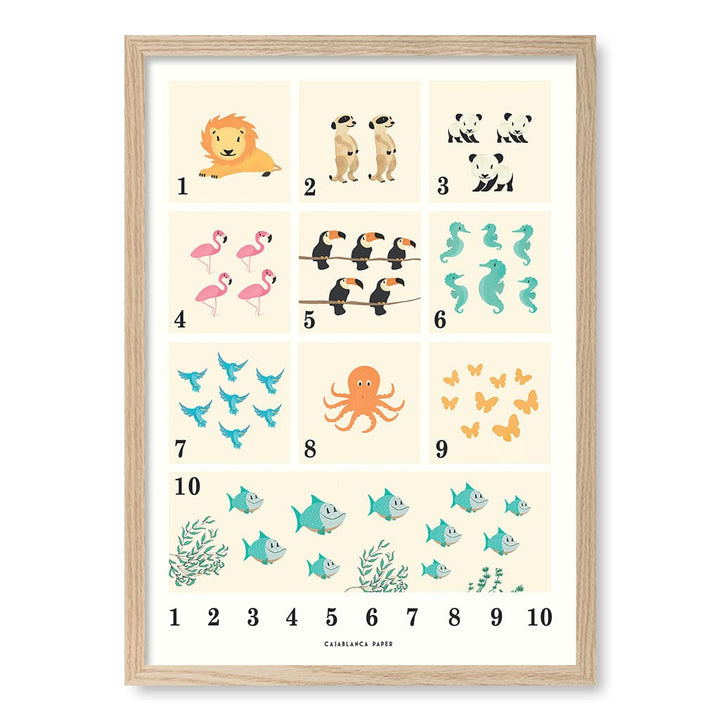 Animals by Numbers Kids Educational Wall Art Print A2 (42 x 59.4cm) / Natural Oak Frame / No Border from our Australian Made Framed Wall Art, Prints & Posters collection by Profile Products (Australia) Pty Ltd