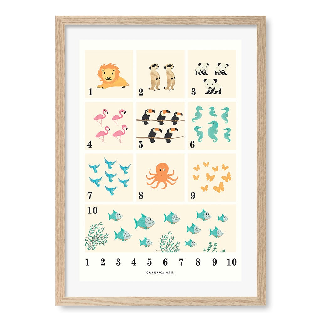 Animals by Numbers Kids Educational Wall Art Print A2 (42 x 59.4cm) / Natural Oak Frame / White Border from our Australian Made Framed Wall Art, Prints & Posters collection by Profile Products (Australia) Pty Ltd