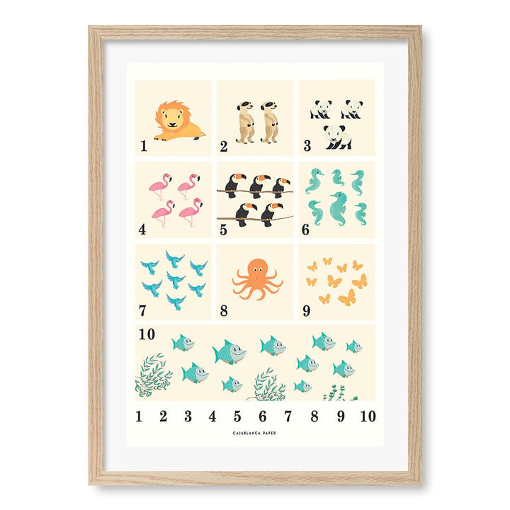 Animals by Numbers Kids Educational Wall Art Print A2 (42 x 59.4cm) / Natural Oak Frame / White Border from our Australian Made Framed Wall Art, Prints & Posters collection by Profile Products (Australia) Pty Ltd