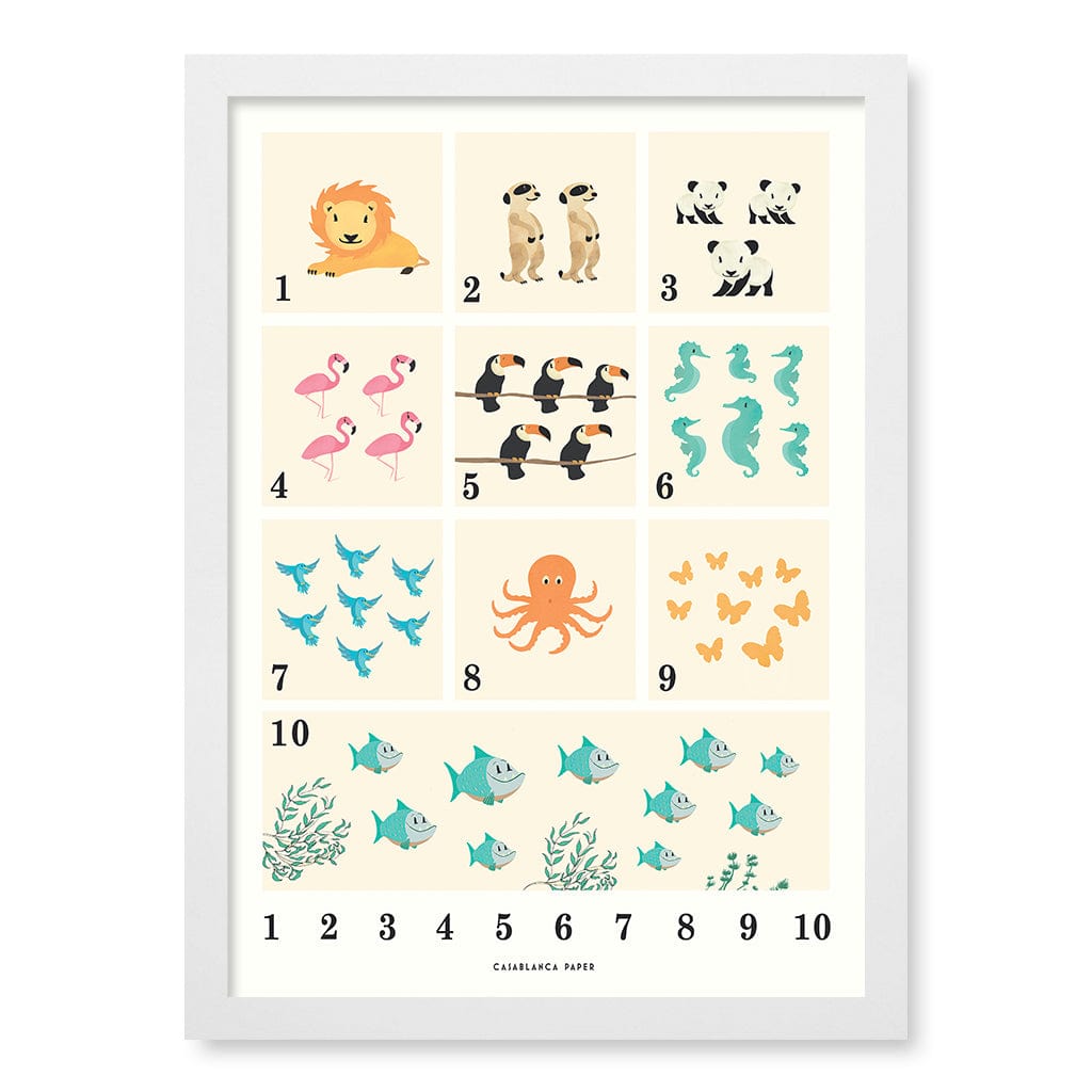 Animals by Numbers Kids Educational Wall Art Print A3 (29.7 x 42cm) / Matte White Frame / No Border from our Australian Made Framed Wall Art, Prints & Posters collection by Profile Products (Australia) Pty Ltd