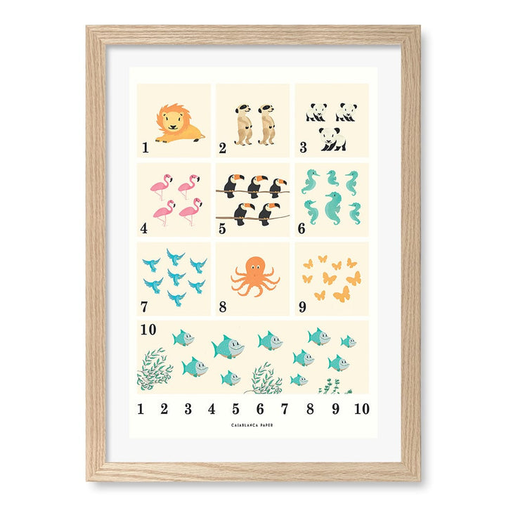 Animals by Numbers Kids Educational Wall Art Print A3 (29.7 x 42cm) / Natural Oak Frame / White Border from our Australian Made Framed Wall Art, Prints & Posters collection by Profile Products (Australia) Pty Ltd
