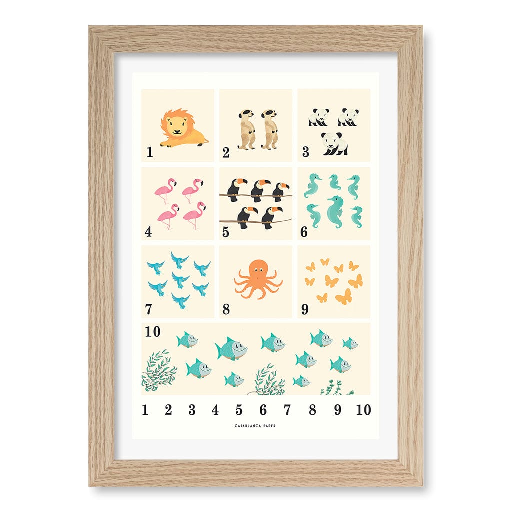 Animals by Numbers Kids Educational Wall Art Print A4 (21 x 29.7cm) / Natural Oak Frame / White Border from our Australian Made Framed Wall Art, Prints & Posters collection by Profile Products (Australia) Pty Ltd