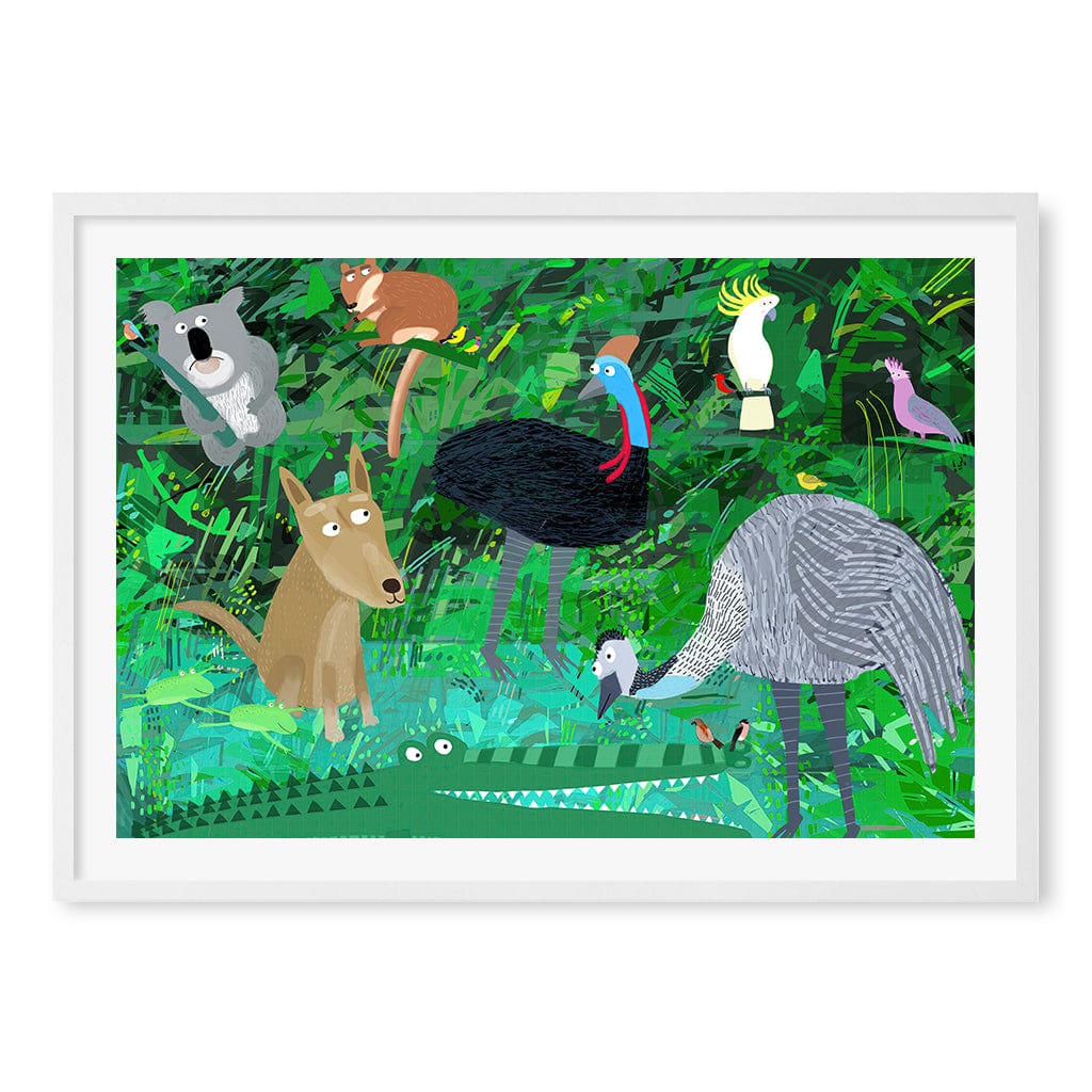 Australian Animals in the Jungle Wall Art Print A1 (59.4 x 84.1cm) / Matte White Frame / White Border from our Australian Made Framed Wall Art, Prints & Posters collection by Profile Products (Australia) Pty Ltd
