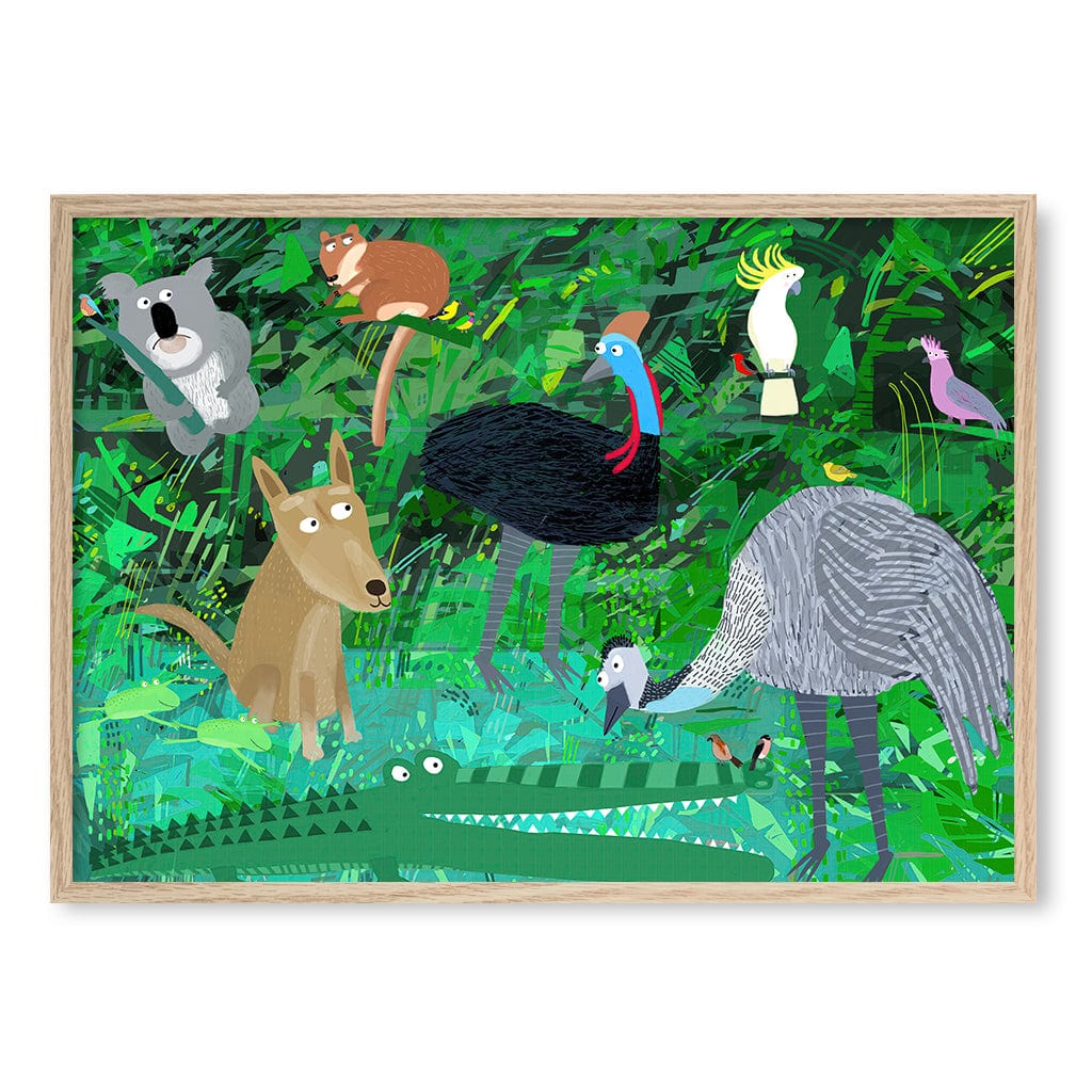 Australian Animals in the Jungle Wall Art Print A1 (59.4 x 84.1cm) / Natural Oak Frame / No Border from our Australian Made Framed Wall Art, Prints & Posters collection by Profile Products (Australia) Pty Ltd