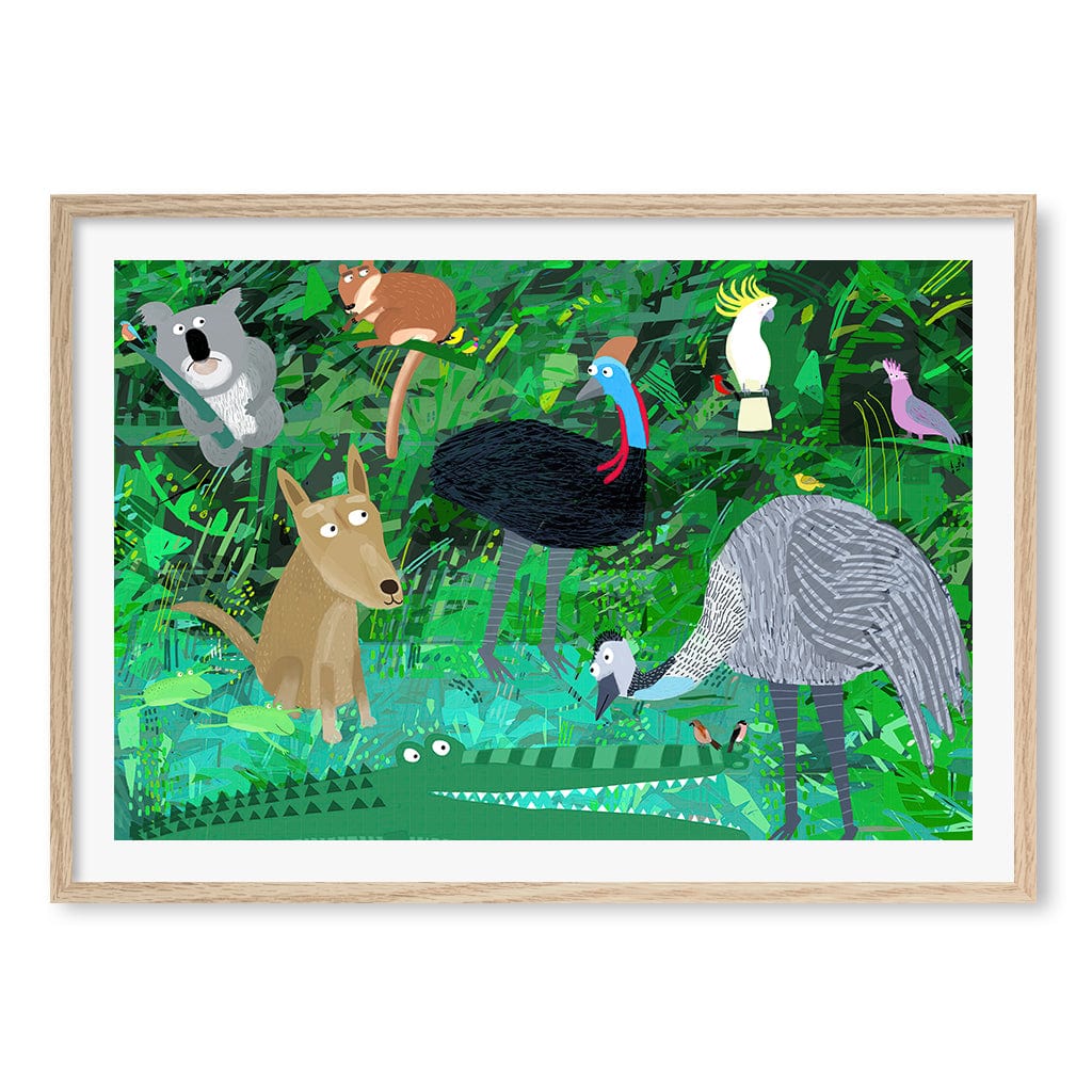 Australian Animals in the Jungle Wall Art Print A1 (59.4 x 84.1cm) / Natural Oak Frame / White Border from our Australian Made Framed Wall Art, Prints & Posters collection by Profile Products (Australia) Pty Ltd