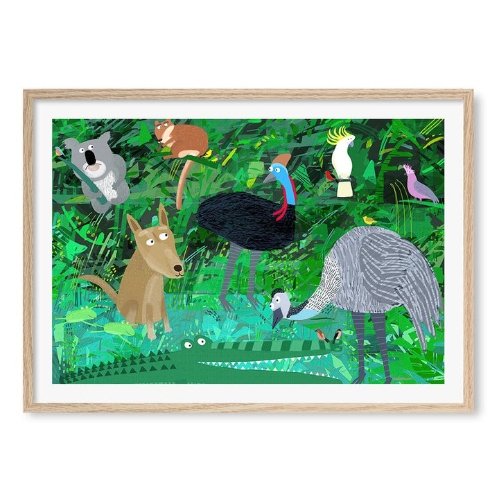 Australian Animals in the Jungle Wall Art Print A1 (59.4 x 84.1cm) / Natural Oak Frame / White Border from our Australian Made Framed Wall Art, Prints & Posters collection by Profile Products (Australia) Pty Ltd