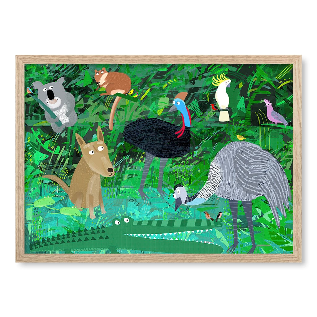 Australian Animals in the Jungle Wall Art Print A2 (42 x 59.4cm) / Natural Oak Frame / No Border from our Australian Made Framed Wall Art, Prints & Posters collection by Profile Products (Australia) Pty Ltd