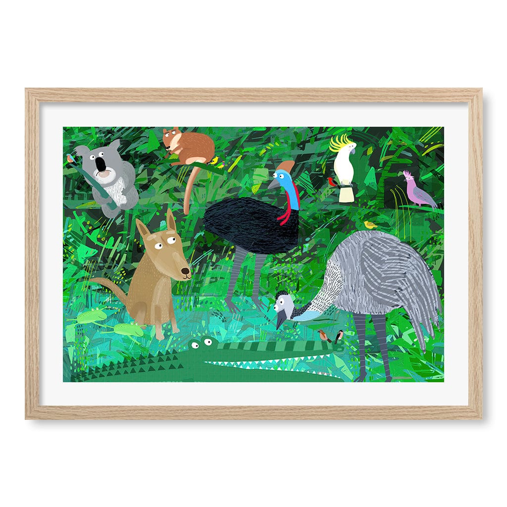 Australian Animals in the Jungle Wall Art Print A2 (42 x 59.4cm) / Natural Oak Frame / White Border from our Australian Made Framed Wall Art, Prints & Posters collection by Profile Products (Australia) Pty Ltd