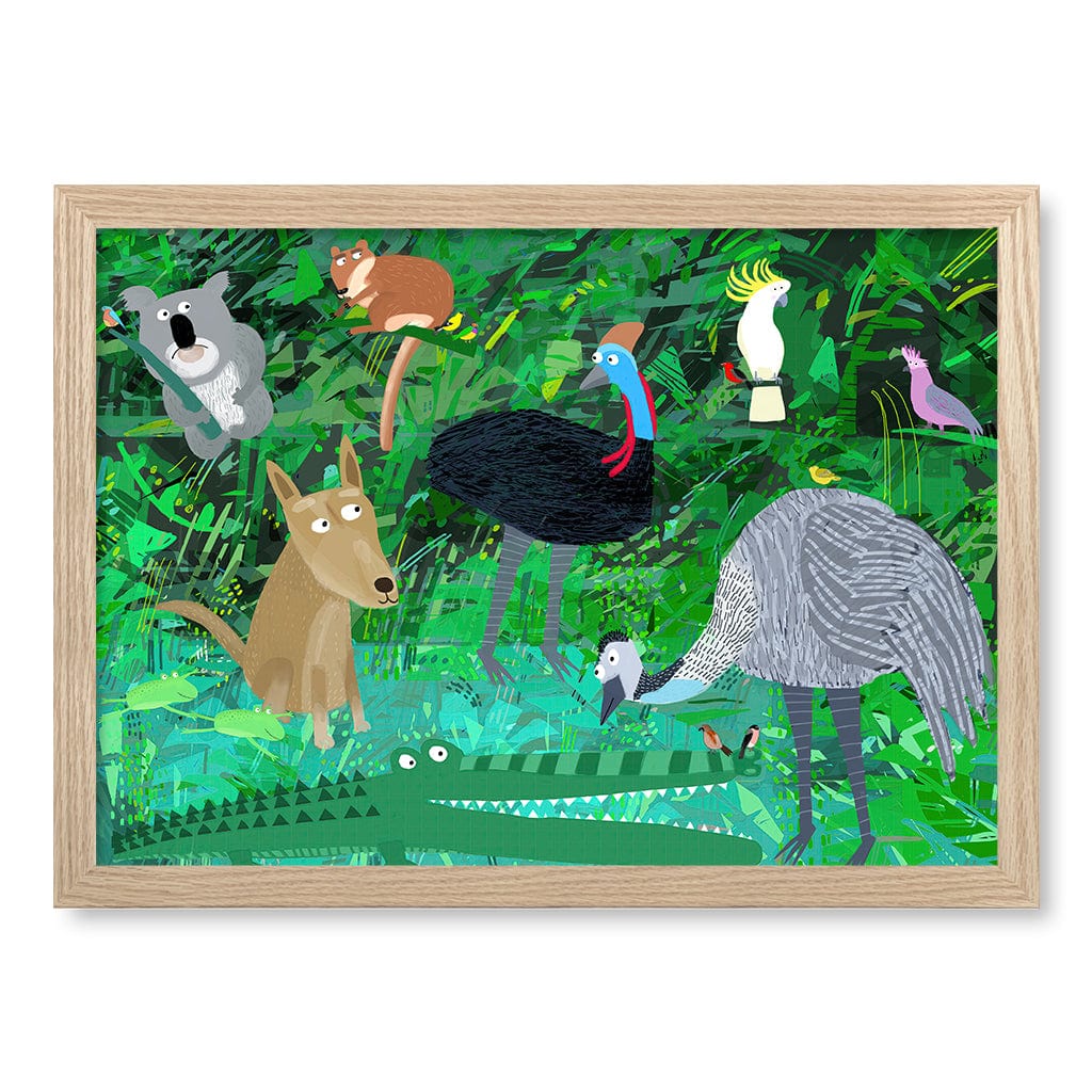 Australian Animals in the Jungle Wall Art Print A3 (29.7 x 42cm) / Natural Oak Frame / No Border from our Australian Made Framed Wall Art, Prints & Posters collection by Profile Products (Australia) Pty Ltd