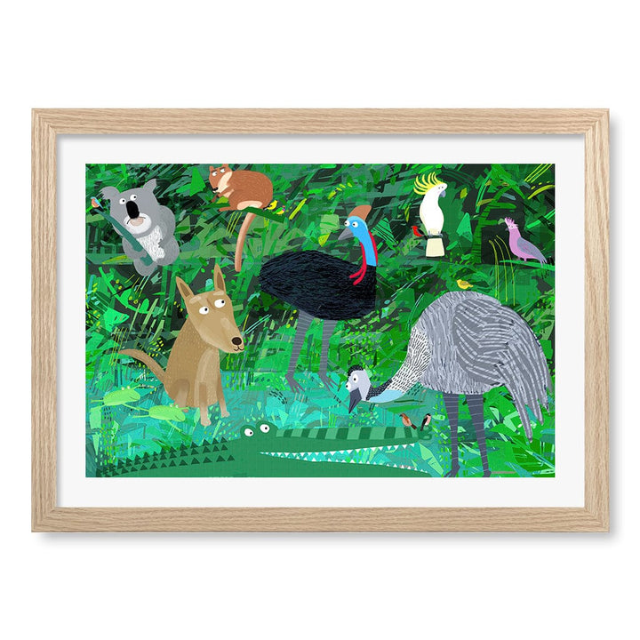 Australian Animals in the Jungle Wall Art Print A3 (29.7 x 42cm) / Natural Oak Frame / White Border from our Australian Made Framed Wall Art, Prints & Posters collection by Profile Products (Australia) Pty Ltd
