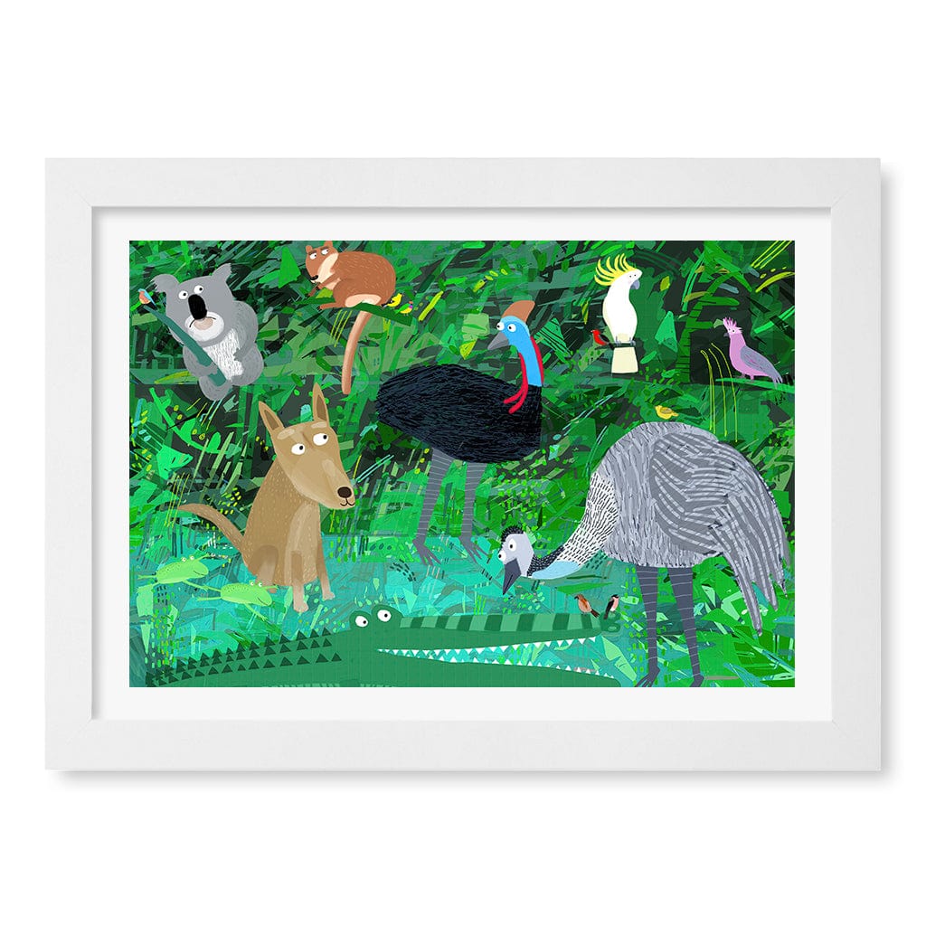 Australian Animals in the Jungle Wall Art Print A4 (21 x 29.7cm) / Matte White Frame / White Border from our Australian Made Framed Wall Art, Prints & Posters collection by Profile Products (Australia) Pty Ltd