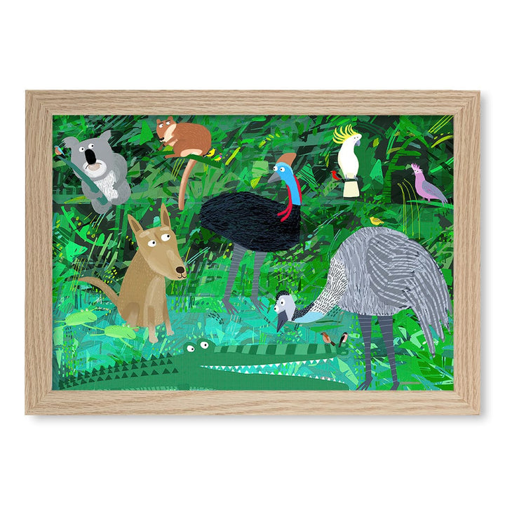 Australian Animals in the Jungle Wall Art Print A4 (21 x 29.7cm) / Natural Oak Frame / No Border from our Australian Made Framed Wall Art, Prints & Posters collection by Profile Products (Australia) Pty Ltd