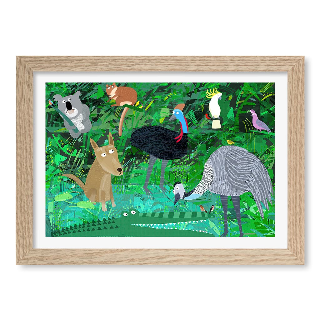 Australian Animals in the Jungle Wall Art Print A4 (21 x 29.7cm) / Natural Oak Frame / White Border from our Australian Made Framed Wall Art, Prints & Posters collection by Profile Products (Australia) Pty Ltd