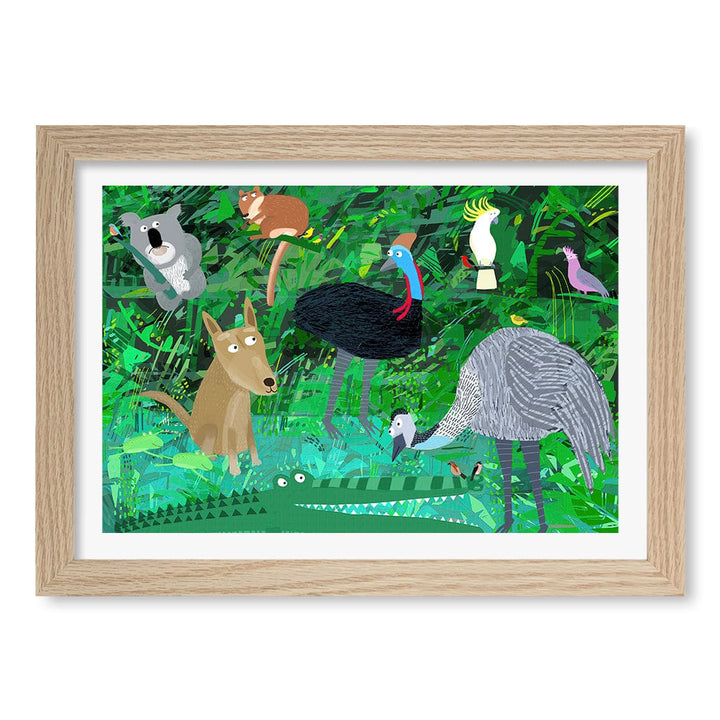 Australian Animals in the Jungle Wall Art Print A4 (21 x 29.7cm) / Natural Oak Frame / White Border from our Australian Made Framed Wall Art, Prints & Posters collection by Profile Products (Australia) Pty Ltd