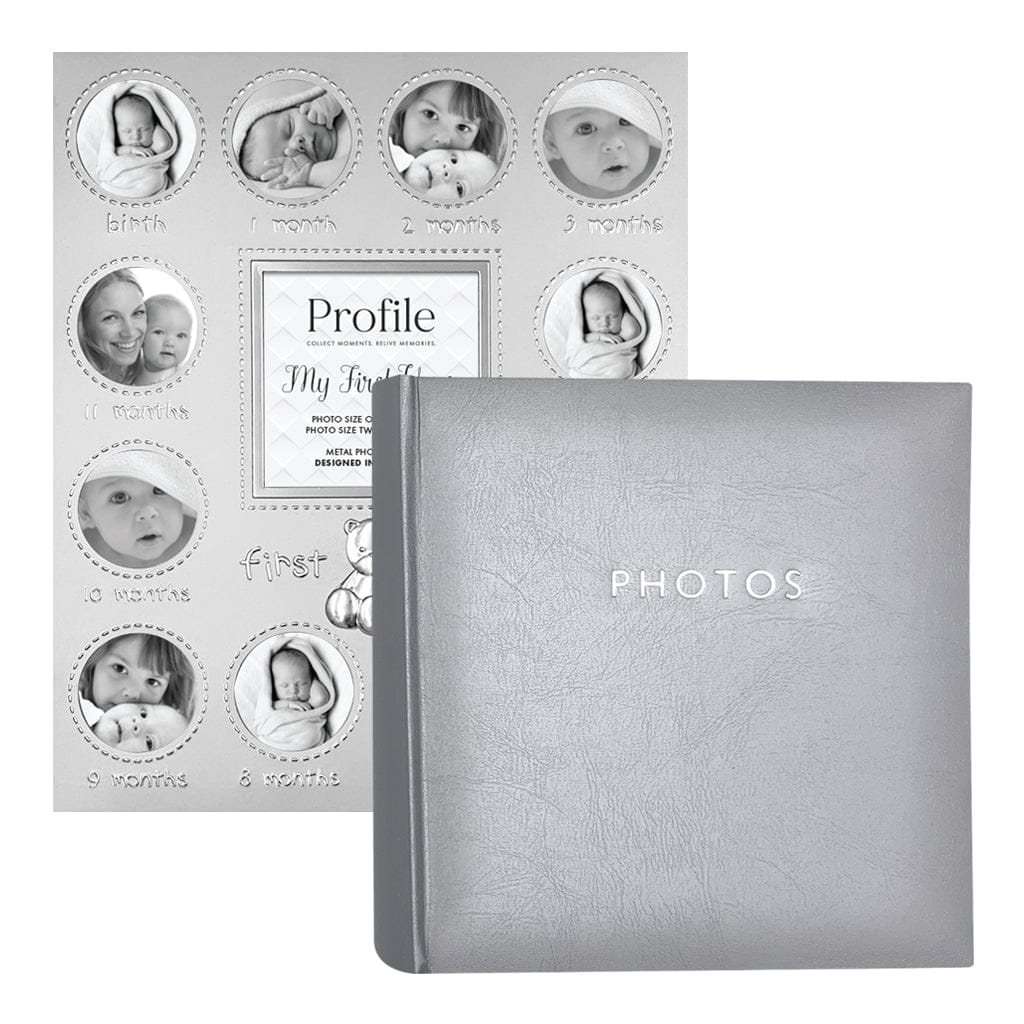 Baby First Year Gift Bundle – Silver Photo Album + First Year Frame (2 Pieces) from our Photo Albums collection by Profile Australia