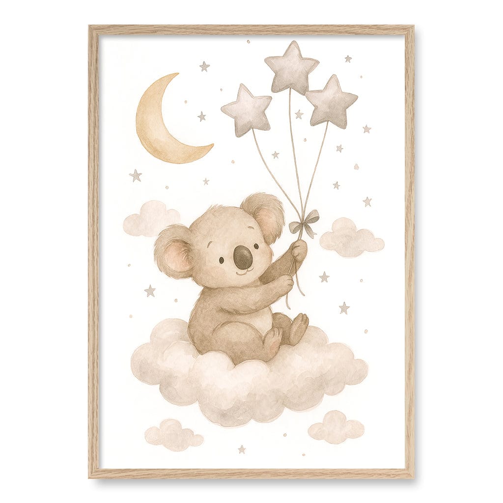 Baby Koala Floating Balloons Nursery Wall Art Print A1 (59.4 x 84.1cm) / Natural Oak Frame / No Border from our Australian Made Framed Wall Art, Prints & Posters collection by Profile Products (Australia) Pty Ltd