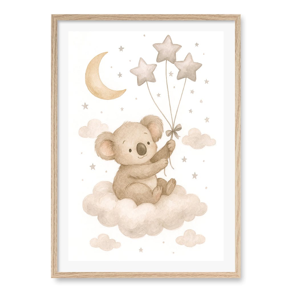 Baby Koala Floating Balloons Nursery Wall Art Print A1 (59.4 x 84.1cm) / Natural Oak Frame / White Border from our Australian Made Framed Wall Art, Prints & Posters collection by Profile Products (Australia) Pty Ltd