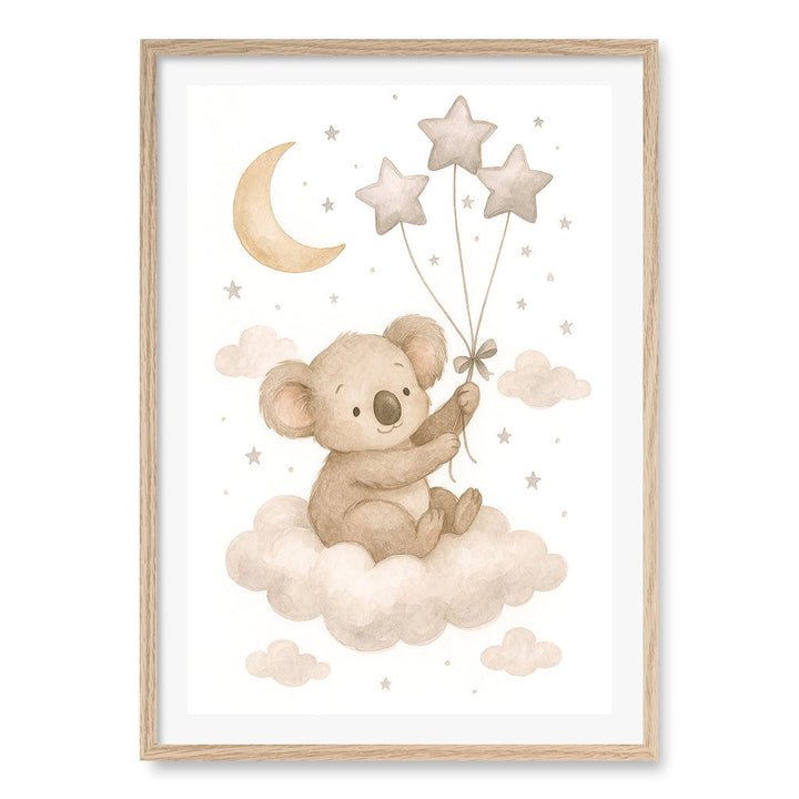 Baby Koala Floating Balloons Nursery Wall Art Print A1 (59.4 x 84.1cm) / Natural Oak Frame / White Border from our Australian Made Framed Wall Art, Prints & Posters collection by Profile Products (Australia) Pty Ltd