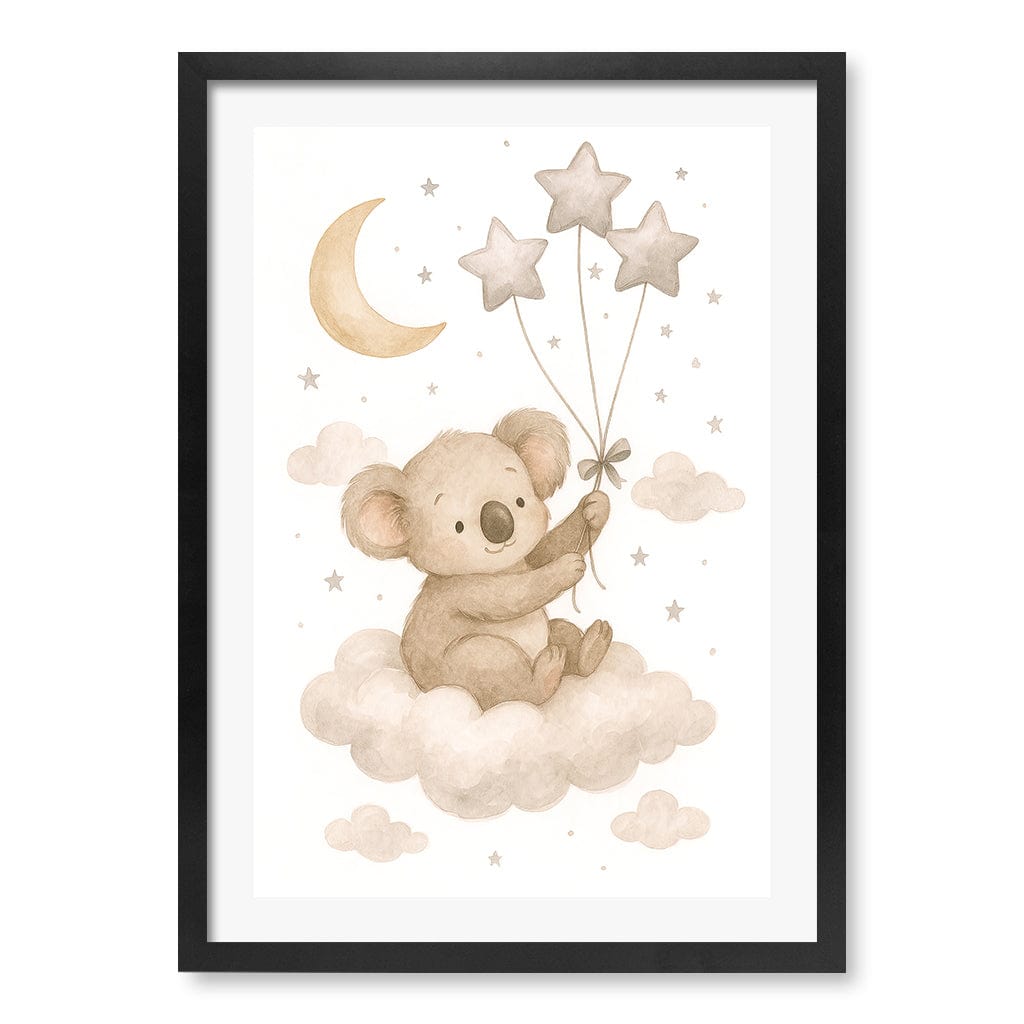 Baby Koala Floating Balloons Nursery Wall Art Print A2 (42 x 59.4cm) / Matte Black Frame / White Border from our Australian Made Framed Wall Art, Prints & Posters collection by Profile Products (Australia) Pty Ltd