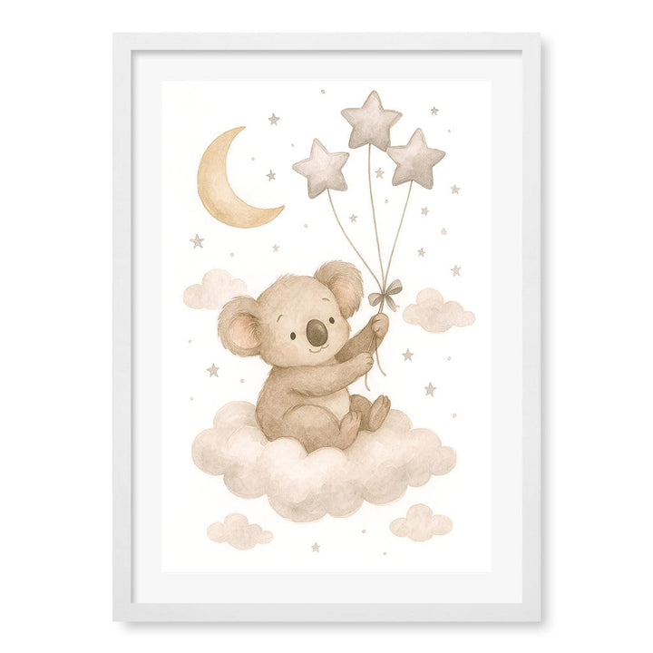 Baby Koala Floating Balloons Nursery Wall Art Print A2 (42 x 59.4cm) / Matte White Frame / White Border from our Australian Made Framed Wall Art, Prints & Posters collection by Profile Products (Australia) Pty Ltd