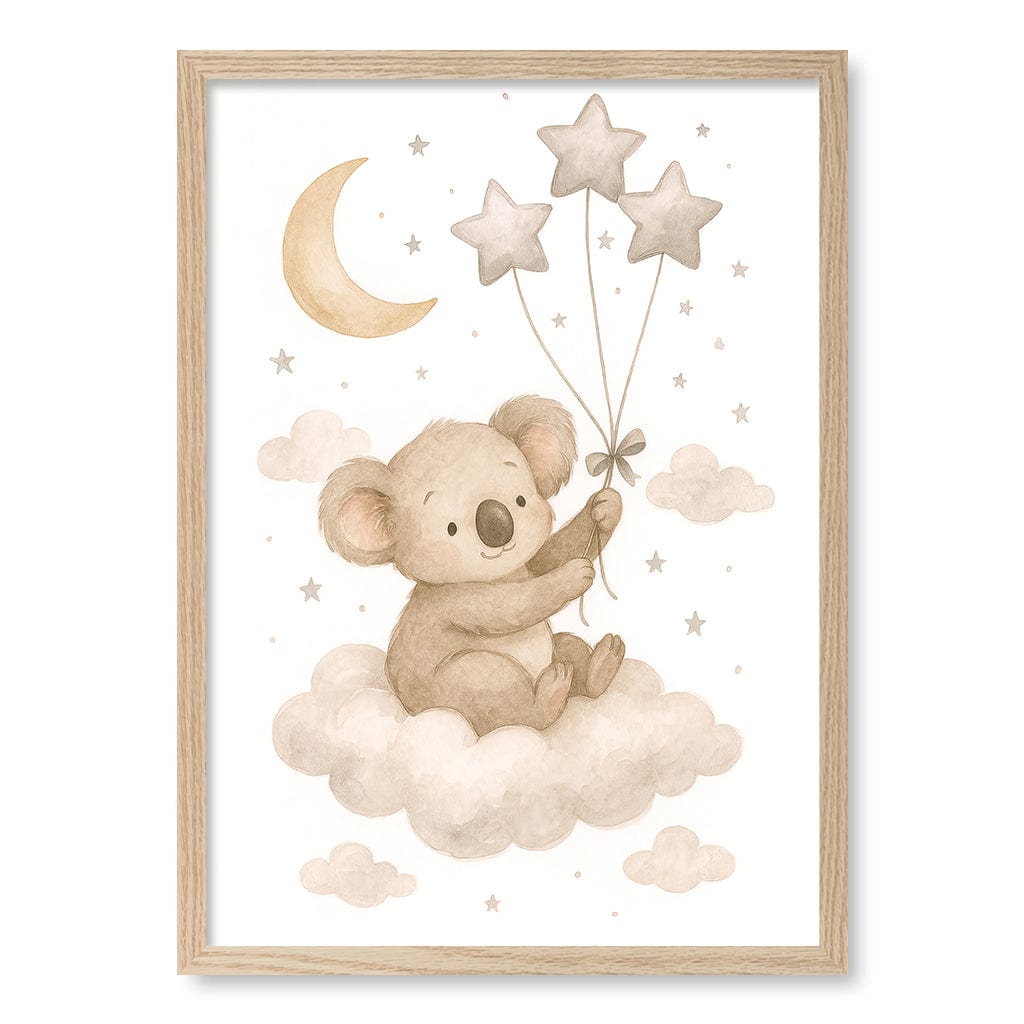 Baby Koala Floating Balloons Nursery Wall Art Print A2 (42 x 59.4cm) / Natural Oak Frame / No Border from our Australian Made Framed Wall Art, Prints & Posters collection by Profile Products (Australia) Pty Ltd