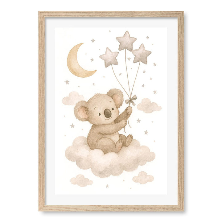 Baby Koala Floating Balloons Nursery Wall Art Print A2 (42 x 59.4cm) / Natural Oak Frame / White Border from our Australian Made Framed Wall Art, Prints & Posters collection by Profile Products (Australia) Pty Ltd
