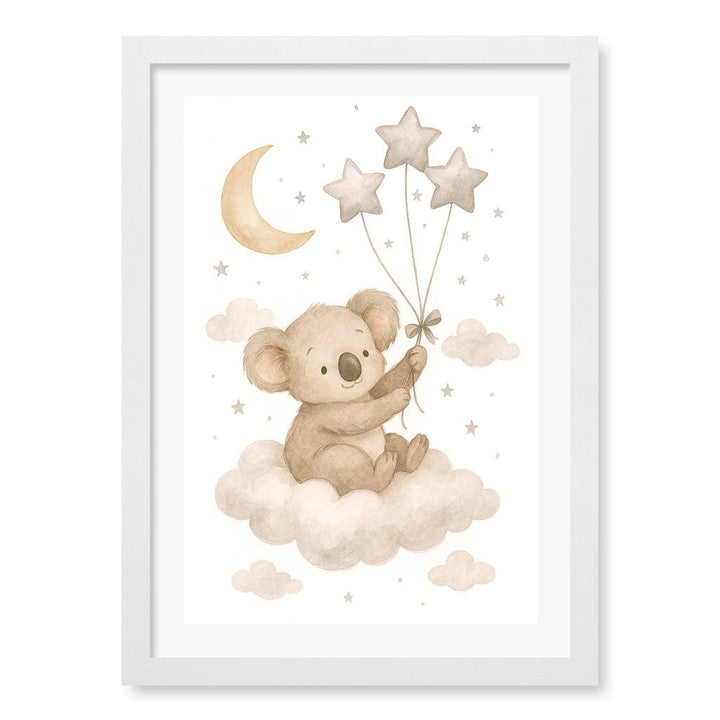 Baby Koala Floating Balloons Nursery Wall Art Print A3 (29.7 x 42cm) / Matte White Frame / White Border from our Australian Made Framed Wall Art, Prints & Posters collection by Profile Products (Australia) Pty Ltd