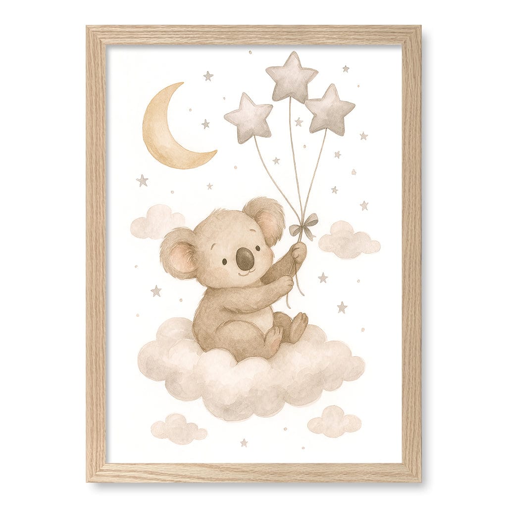 Baby Koala Floating Balloons Nursery Wall Art Print A3 (29.7 x 42cm) / Natural Oak Frame / No Border from our Australian Made Framed Wall Art, Prints & Posters collection by Profile Products (Australia) Pty Ltd