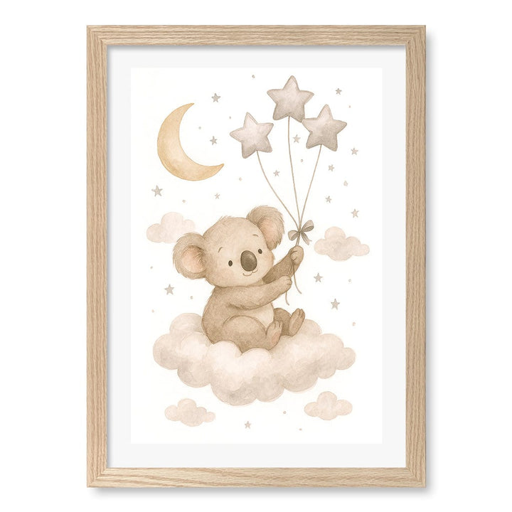 Baby Koala Floating Balloons Nursery Wall Art Print A3 (29.7 x 42cm) / Natural Oak Frame / White Border from our Australian Made Framed Wall Art, Prints & Posters collection by Profile Products (Australia) Pty Ltd