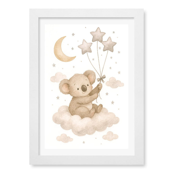 Baby Koala Floating Balloons Nursery Wall Art Print A4 (21 x 29.7cm) / Matte White Frame / White Border from our Australian Made Framed Wall Art, Prints & Posters collection by Profile Products (Australia) Pty Ltd