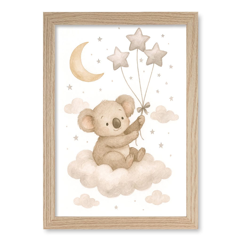 Baby Koala Floating Balloons Nursery Wall Art Print A4 (21 x 29.7cm) / Natural Oak Frame / No Border from our Australian Made Framed Wall Art, Prints & Posters collection by Profile Products (Australia) Pty Ltd