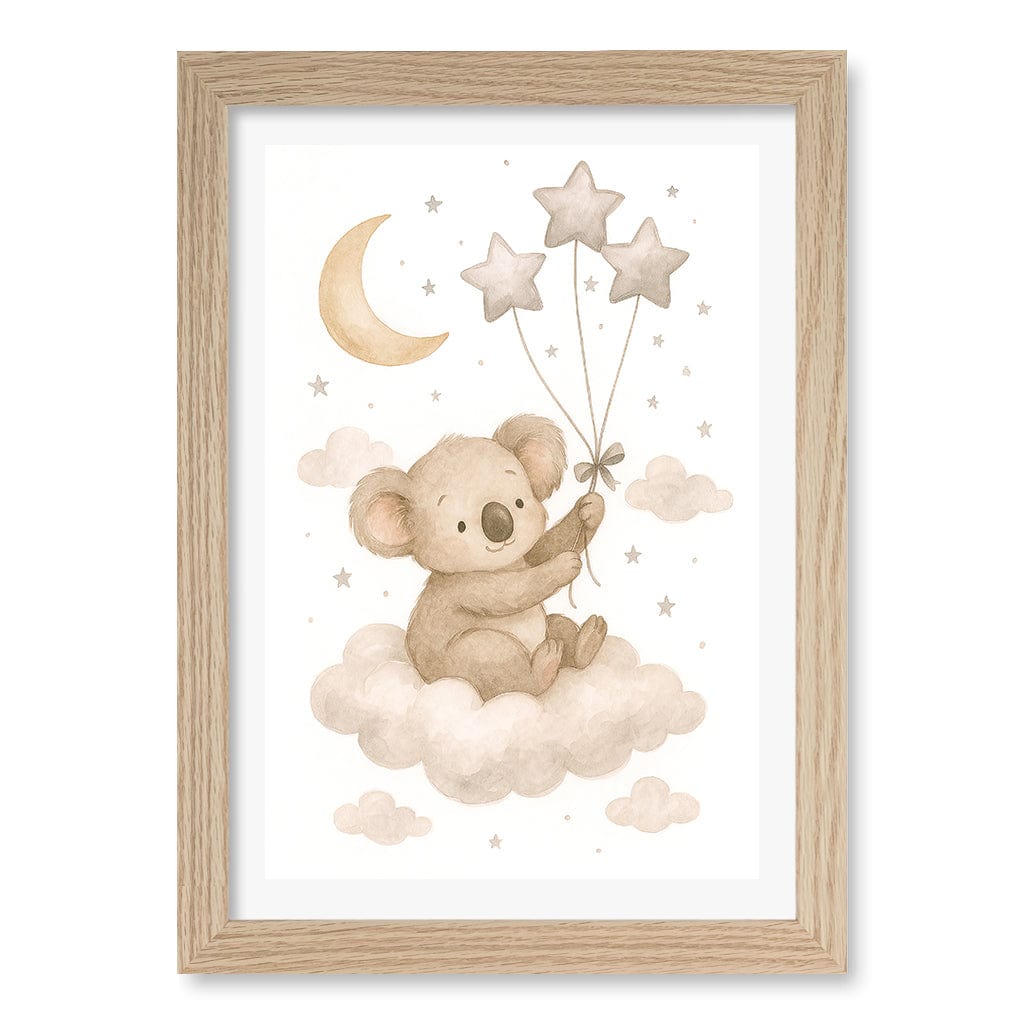 Baby Koala Floating Balloons Nursery Wall Art Print A4 (21 x 29.7cm) / Natural Oak Frame / White Border from our Australian Made Framed Wall Art, Prints & Posters collection by Profile Products (Australia) Pty Ltd