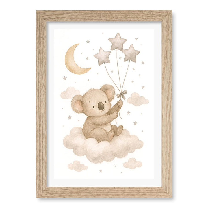 Baby Koala Floating Balloons Nursery Wall Art Print A4 (21 x 29.7cm) / Natural Oak Frame / White Border from our Australian Made Framed Wall Art, Prints & Posters collection by Profile Products (Australia) Pty Ltd