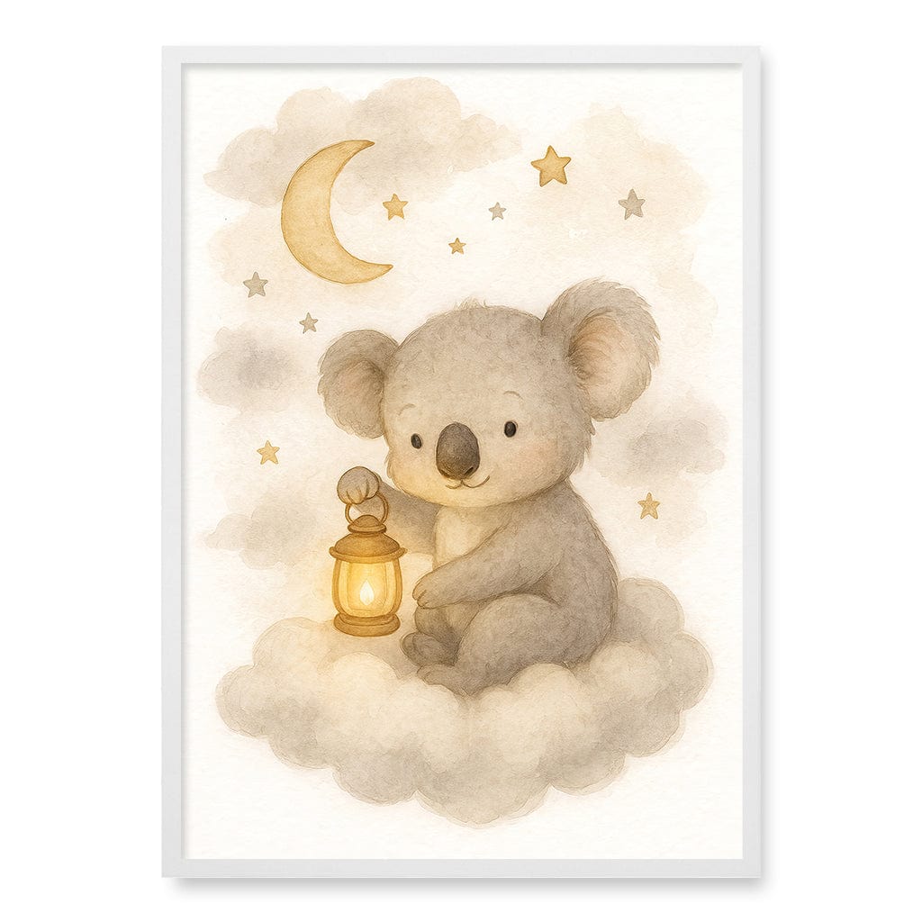 Baby Koala Hanging Lantern Nursery Wall Art Print A1 (59.4 x 84.1cm) / Matte White Frame / No Border from our Australian Made Framed Wall Art, Prints & Posters collection by Profile Products (Australia) Pty Ltd