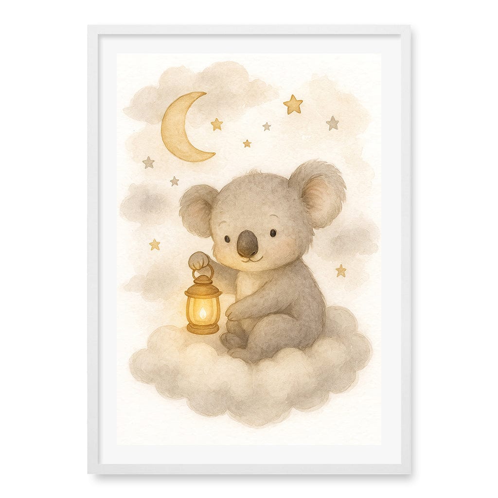 Baby Koala Hanging Lantern Nursery Wall Art Print A1 (59.4 x 84.1cm) / Matte White Frame / White Border from our Australian Made Framed Wall Art, Prints & Posters collection by Profile Products (Australia) Pty Ltd