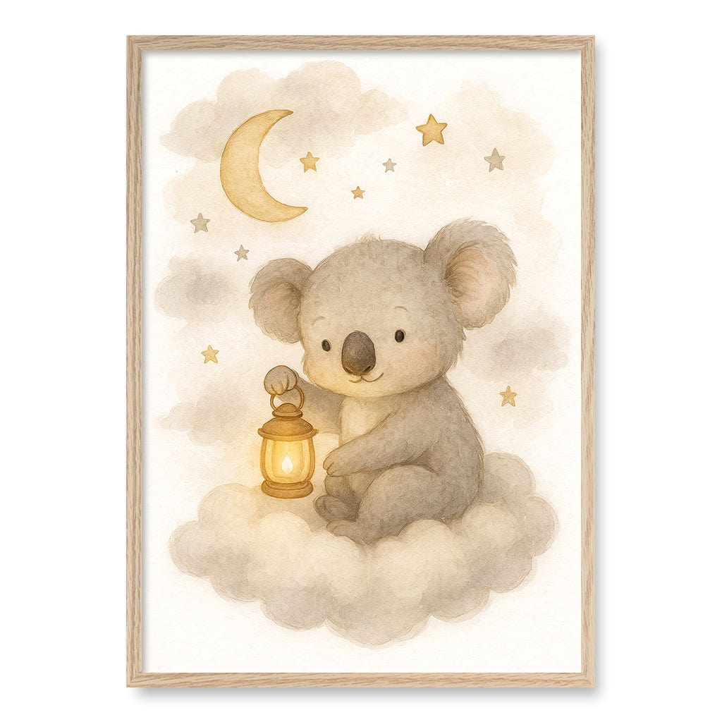 Baby Koala Hanging Lantern Nursery Wall Art Print A1 (59.4 x 84.1cm) / Natural Oak Frame / No Border from our Australian Made Framed Wall Art, Prints & Posters collection by Profile Products (Australia) Pty Ltd