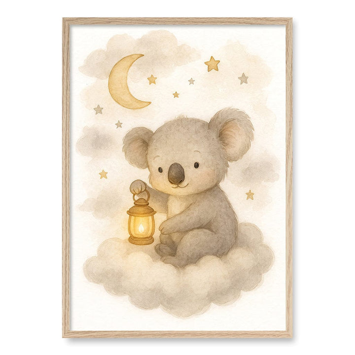 Baby Koala Hanging Lantern Nursery Wall Art Print A1 (59.4 x 84.1cm) / Natural Oak Frame / No Border from our Australian Made Framed Wall Art, Prints & Posters collection by Profile Products (Australia) Pty Ltd