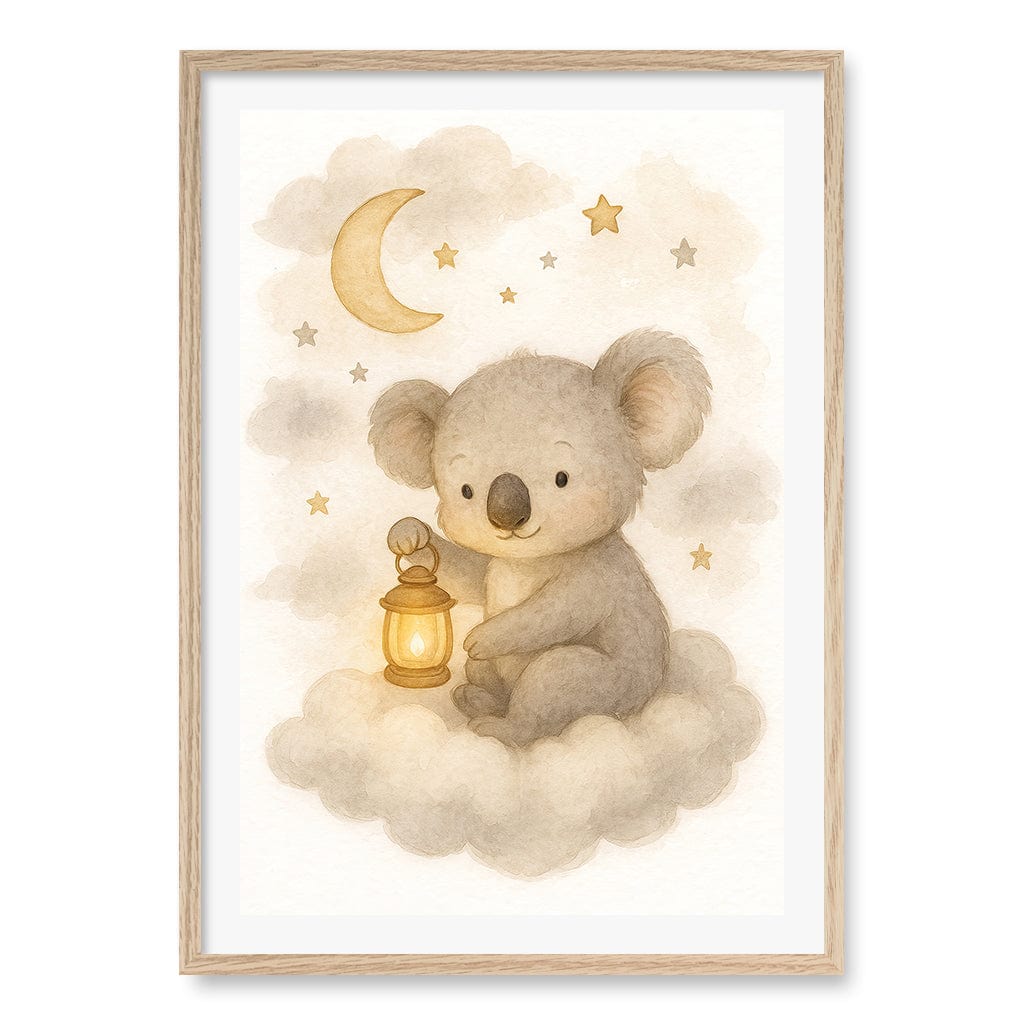 Baby Koala Hanging Lantern Nursery Wall Art Print A1 (59.4 x 84.1cm) / Natural Oak Frame / White Border from our Australian Made Framed Wall Art, Prints & Posters collection by Profile Products (Australia) Pty Ltd