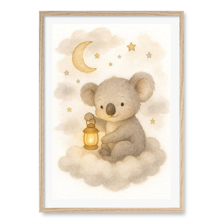 Baby Koala Hanging Lantern Nursery Wall Art Print A1 (59.4 x 84.1cm) / Natural Oak Frame / White Border from our Australian Made Framed Wall Art, Prints & Posters collection by Profile Products (Australia) Pty Ltd