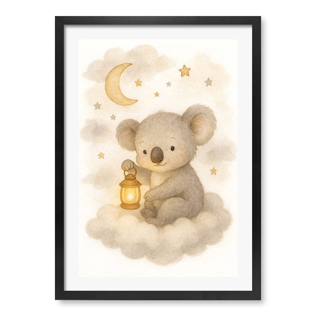 Baby Koala Hanging Lantern Nursery Wall Art Print A2 (42 x 59.4cm) / Matte Black Frame / White Border from our Australian Made Framed Wall Art, Prints & Posters collection by Profile Products (Australia) Pty Ltd