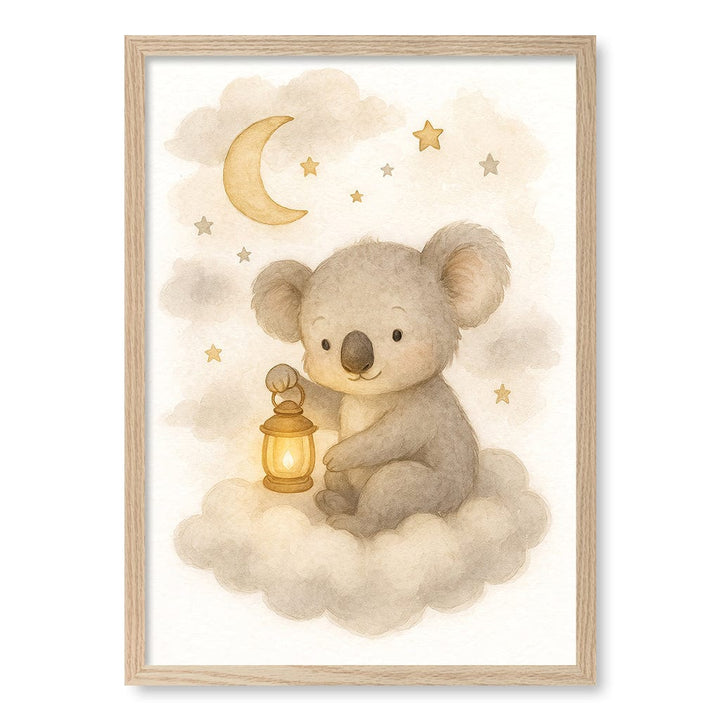 Baby Koala Hanging Lantern Nursery Wall Art Print A2 (42 x 59.4cm) / Natural Oak Frame / No Border from our Australian Made Framed Wall Art, Prints & Posters collection by Profile Products (Australia) Pty Ltd