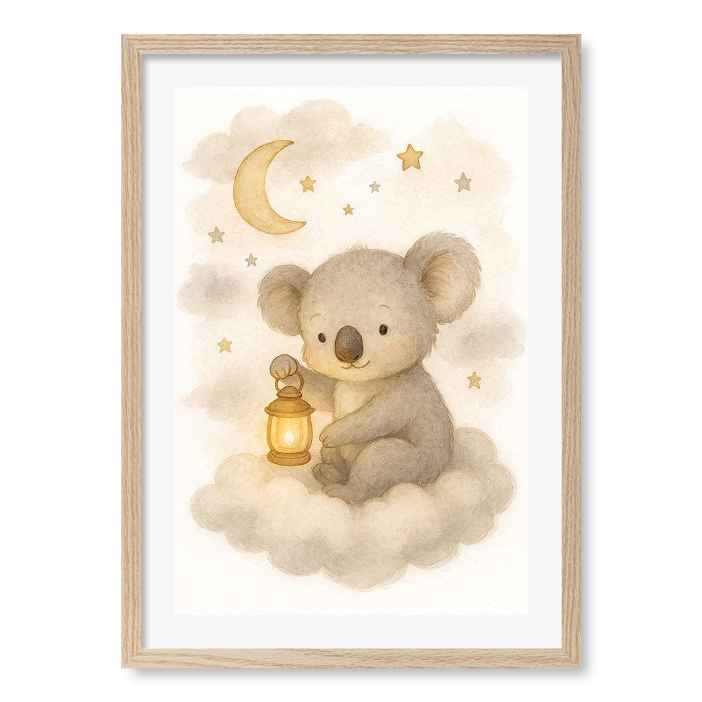 Baby Koala Hanging Lantern Nursery Wall Art Print A2 (42 x 59.4cm) / Natural Oak Frame / White Border from our Australian Made Framed Wall Art, Prints & Posters collection by Profile Products (Australia) Pty Ltd