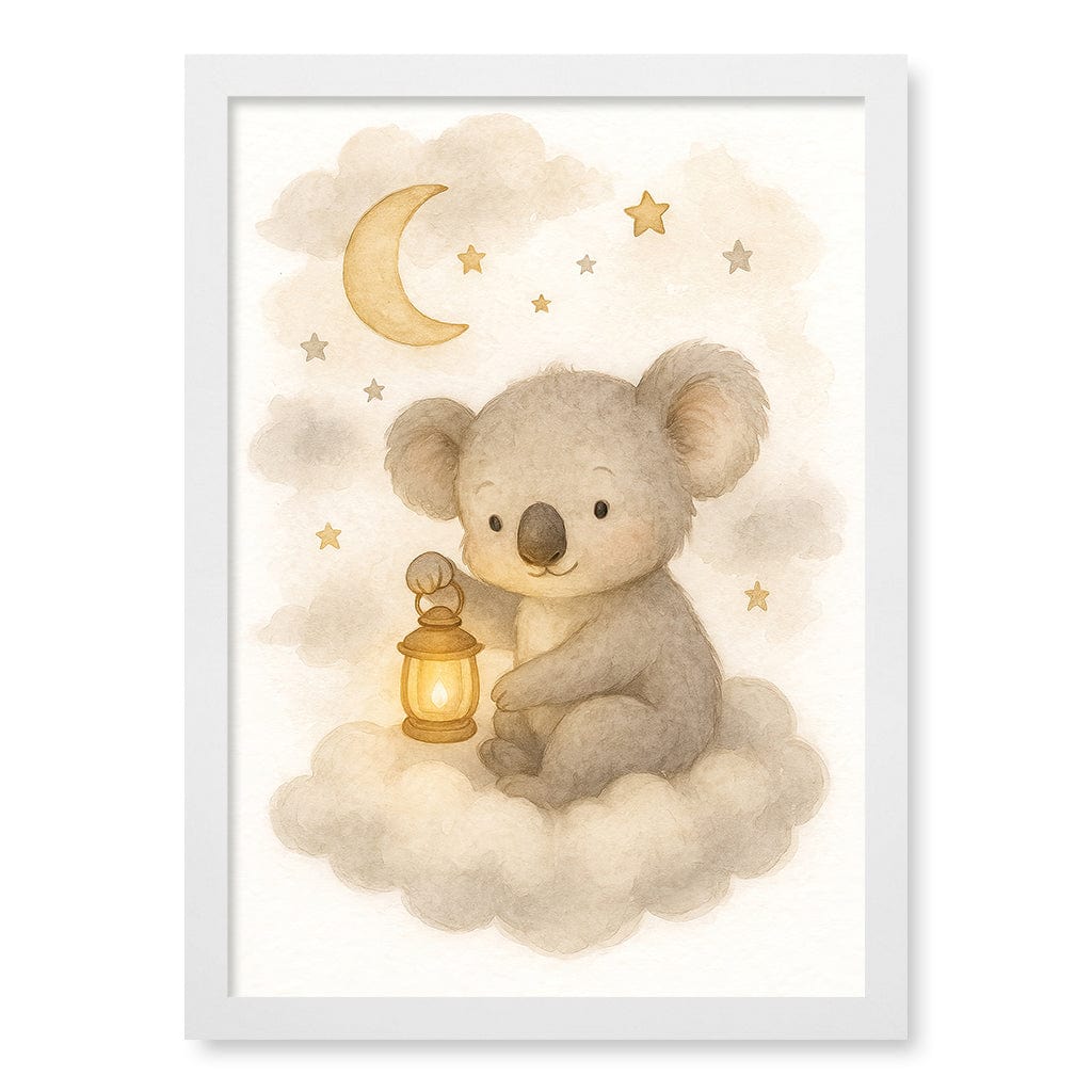 Baby Koala Hanging Lantern Nursery Wall Art Print A3 (29.7 x 42cm) / Matte White Frame / No Border from our Australian Made Framed Wall Art, Prints & Posters collection by Profile Products (Australia) Pty Ltd
